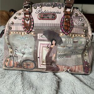 Chic Illustrated Satchel with Brown and Pink Details